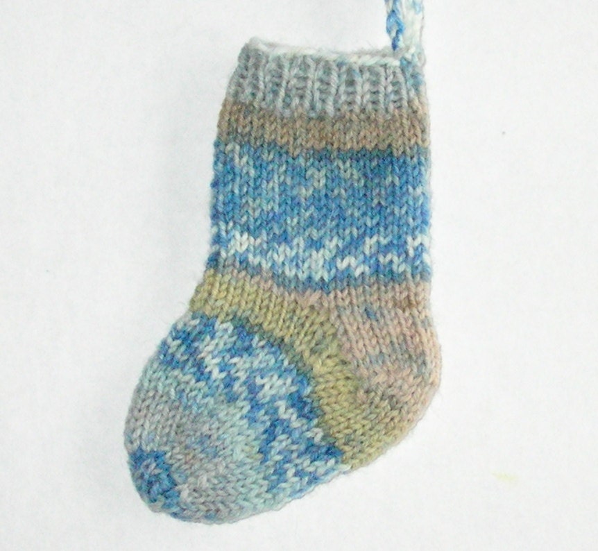 Mini Stocking Ornament in Blue and Tan Hand Knit