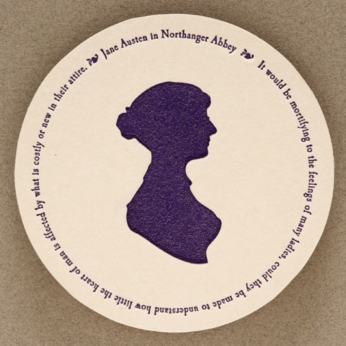 Jane Austen coasters with 4 quotes (letterpress printed), set of 8, Ready to Ship