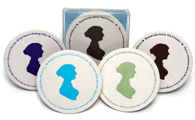 Jane Austen coasters with 4 quotes (letterpress printed), set of 8, Ready to Ship
