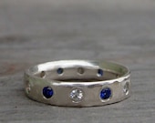 CLEARANCE - Moissanite, Blue Sapphire, and Recycled Palladium Sterling Silver Wedding Band or Stackable Ring, size 4