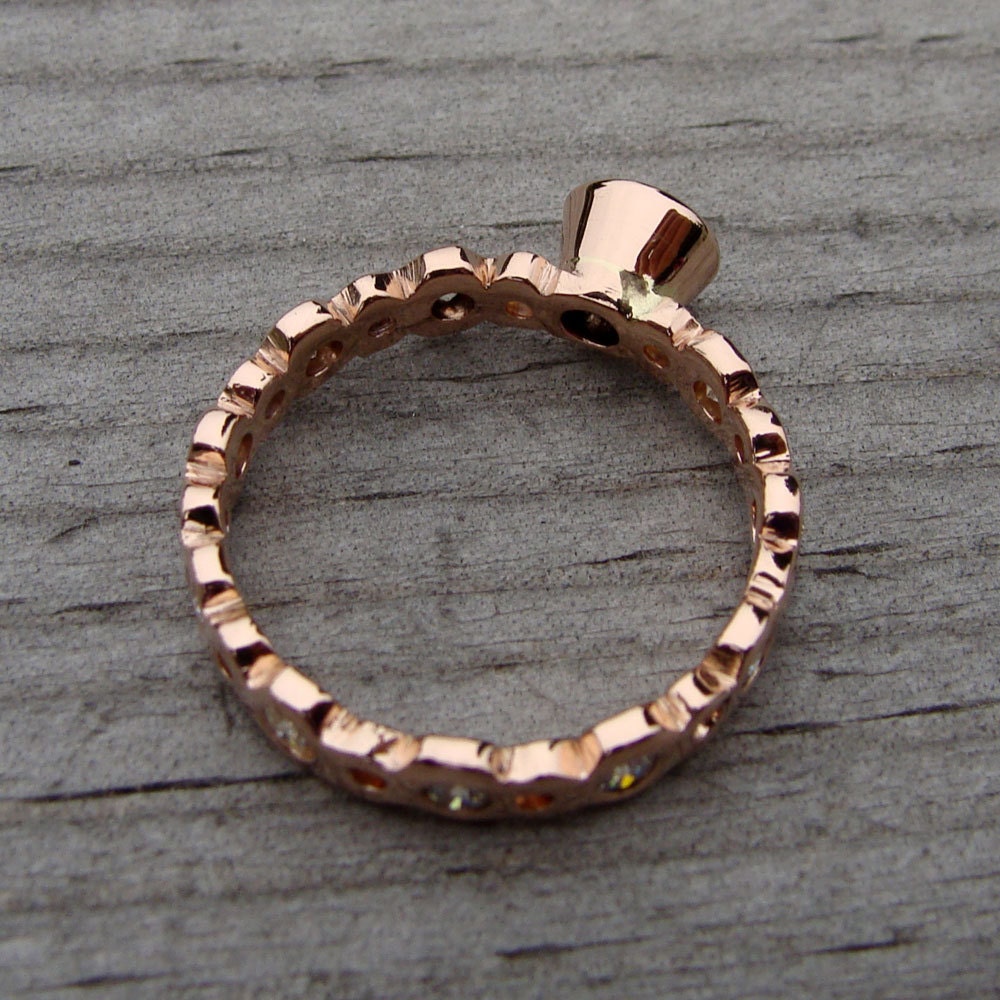 Moissanite and Recycled 14k Rose Gold Engagement Ring and Wedding Band Set - Eco-Friendly Diamond Alternative - Made to Order