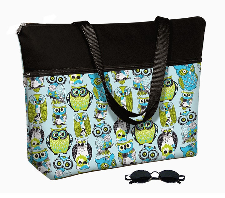 17 inch Laptop Bag with Straps / Laptop Tote Bag / 17" Laptop Case / Padded / Zippered Top  - Cute Owl blue green (RTS)
