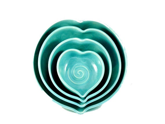 Romantic Blue Ceramic Nesting Heart Bowls READY TO SHIP -  Minimalist Blue heart serving bowls-  couples wedding engagement or anniversary