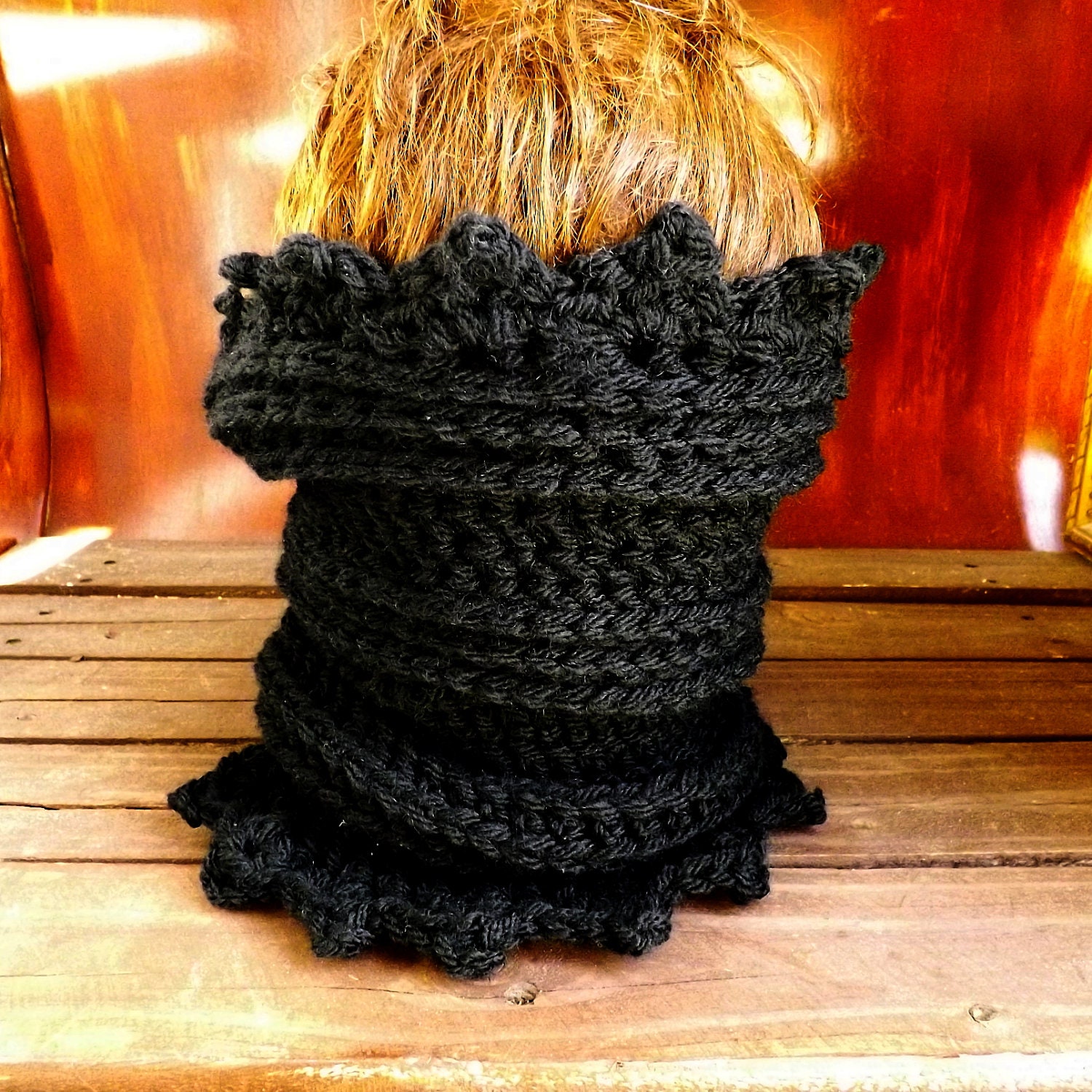 Womens Crochet Scarf -  LAUREN Womens Infinity Scarf - Womens Cowl Scarf in Black with Picots - Wool Scarf Women - Crochet Scarf Women