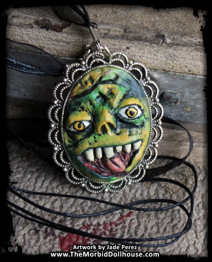 Green Monster Face Cameo Necklace