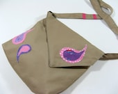 Appliqued Cross Body Bag- Tan Messenger Bag -Diaper Bag