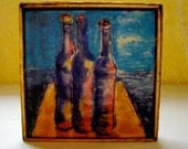 Wine Bottle Encaustic Painting-Vino By the Sea- Original , encaustic collage 6x6 in.