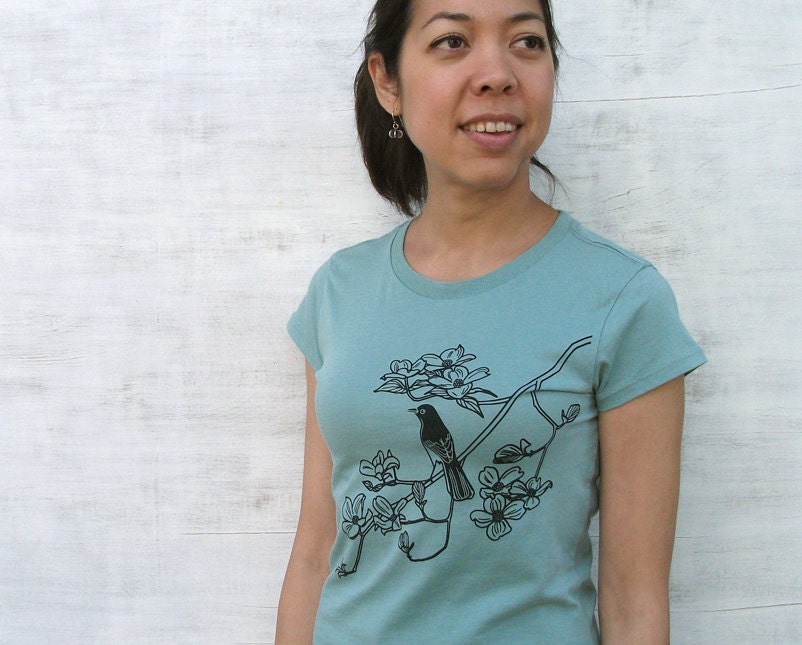 Organic Cotton T-shirt with Songbird on Dogwood - Women's Crew Neck Turquoise Blue Sage
