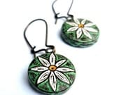 20% OFF SALE - Rustic Green, Yellow and White Daisy Flower Dangle Earrings