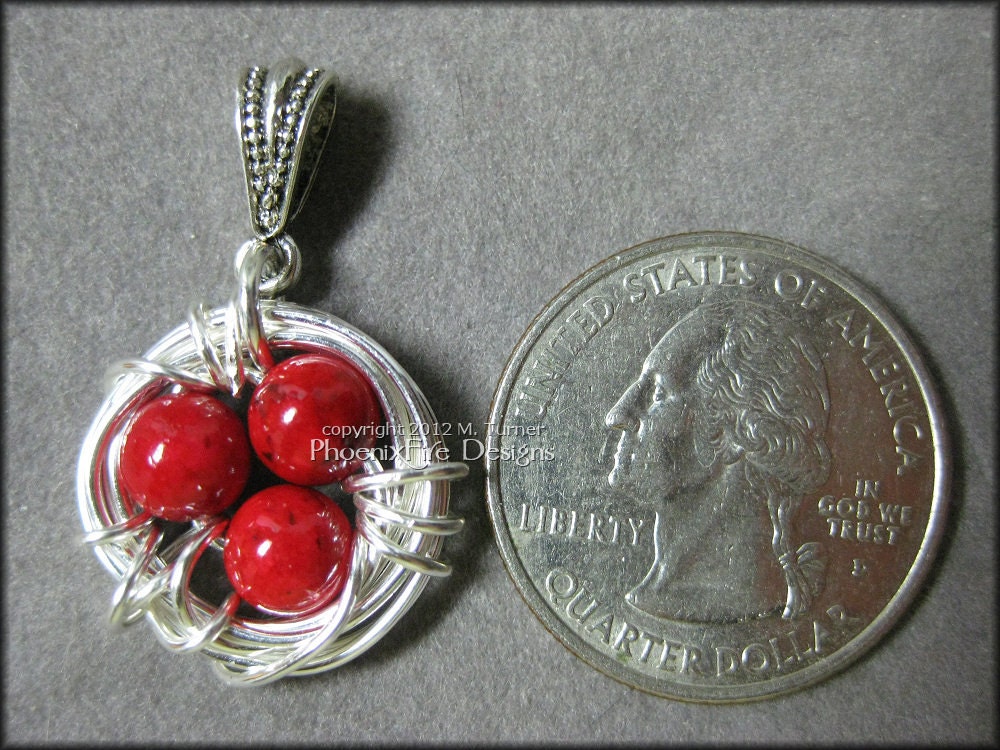 Bird Nest Pendant with Ruby Red Coral Eggs in Sterling Silver Wire Wrapped Mother's Day Mom Mum