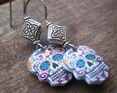 SALE, Mexican Earrings, Day of the Dead Vintage Tattoo design, Sugar Skull, turquoise marigold eyes, Mexican tile bead, Halloween jewelry