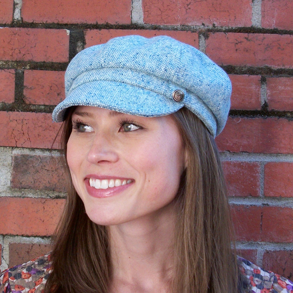 Wool Womens Newsboy Cap, Womens Hat, Blue and White Wool Tweed Cap