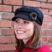 Womens Newsboy Cap, Womens Hats, Black Wool Cap with tweed flower