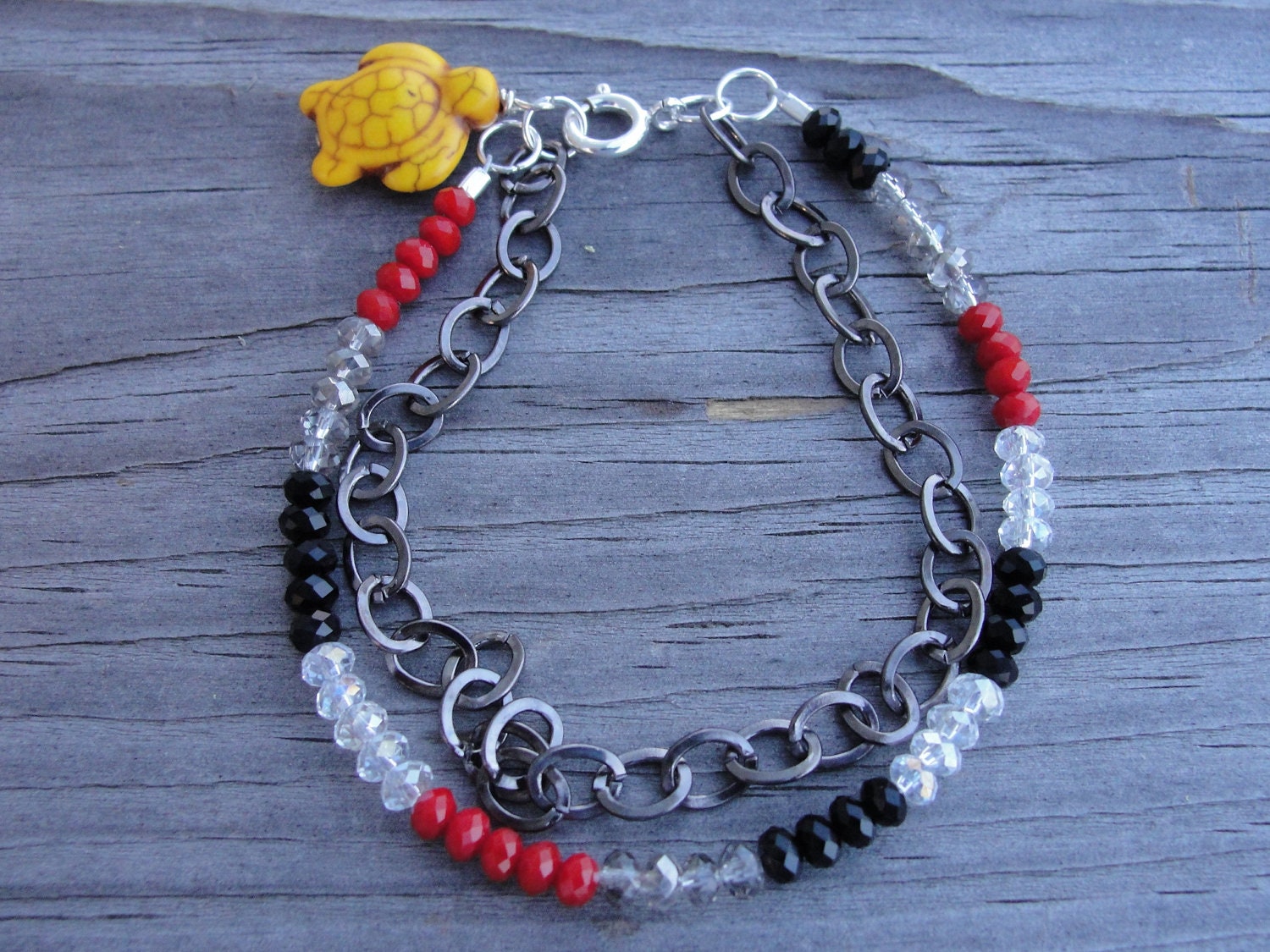 Red White Black Crystal and Chain Sea Turtle Two Strand Bracelet