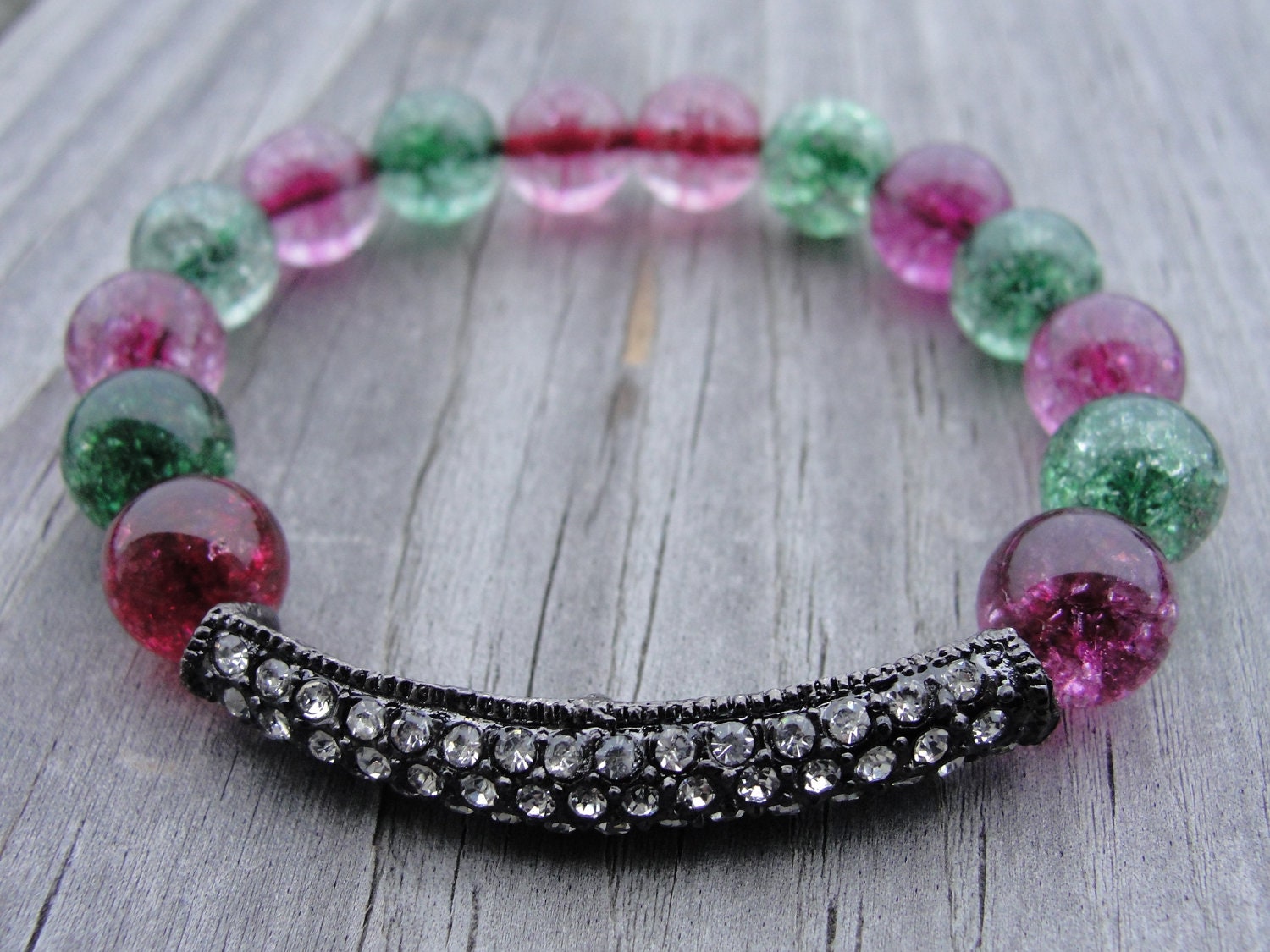 Black Gunmetal Crystal Bar with Pink and Green Glass Beads Bracelet
