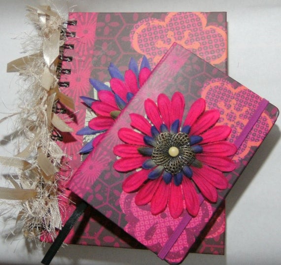 Journal Small and Large Book Set Spiral Blank Lined Floral with ribbon