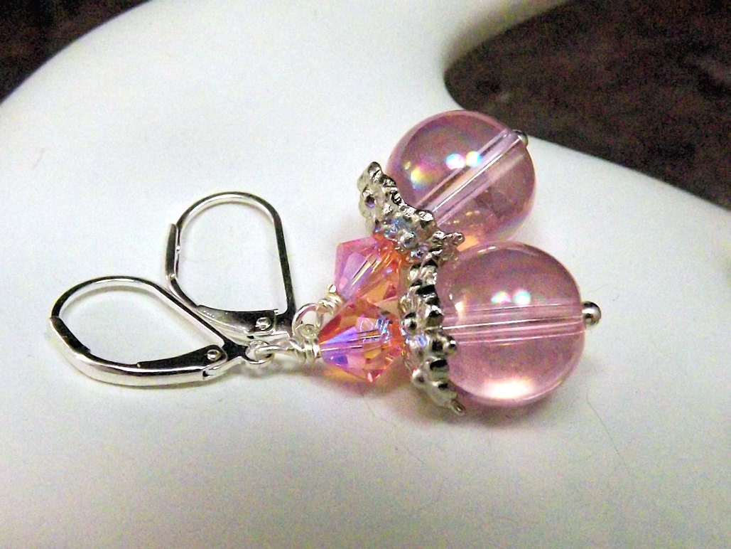 Pink Earrings, Pink Champagne Beaded Earrings, TPMB