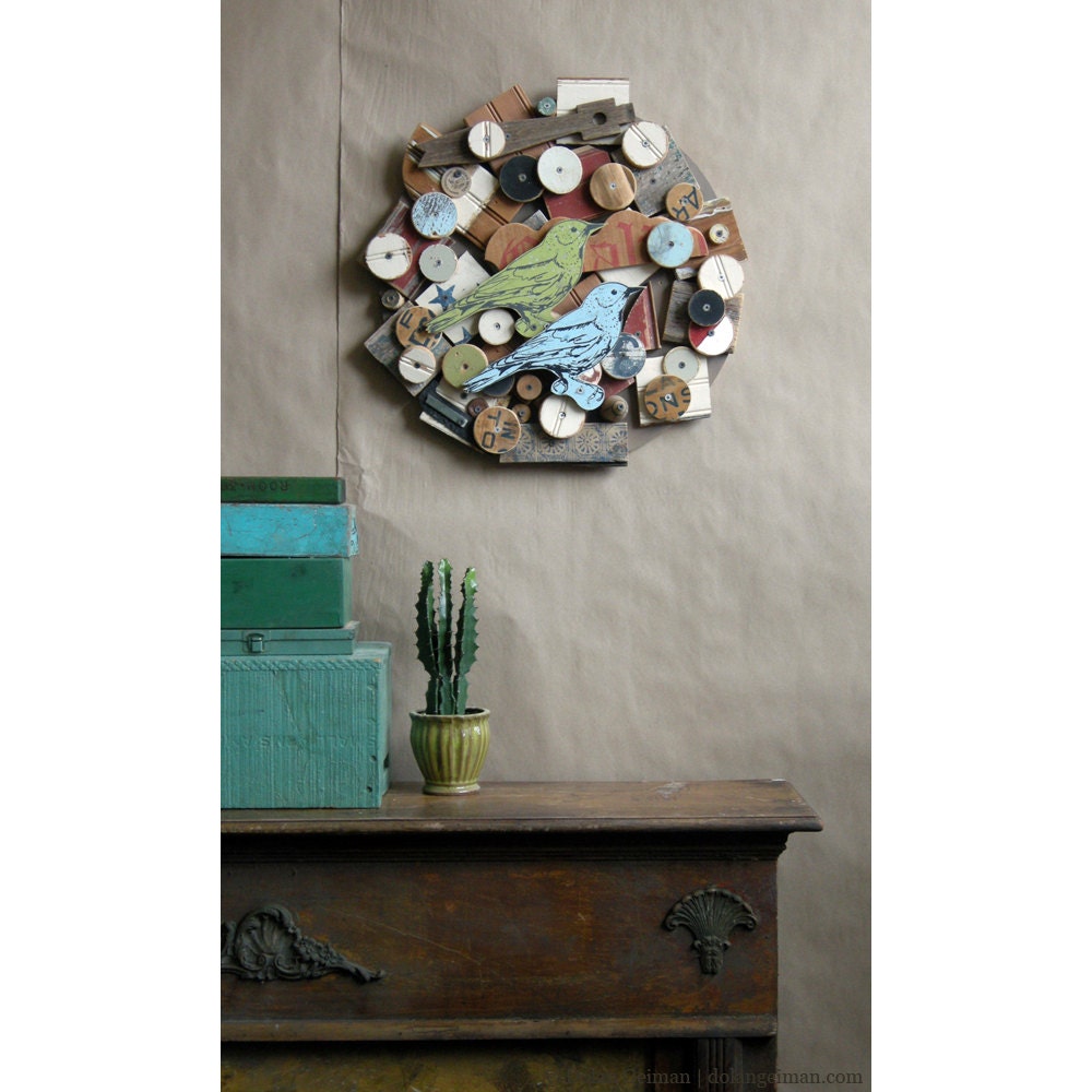 Barnwood Bird Found Object Wall Art, Songbird Collection (Circular Mix) Original Art Assemblage, Made to Order