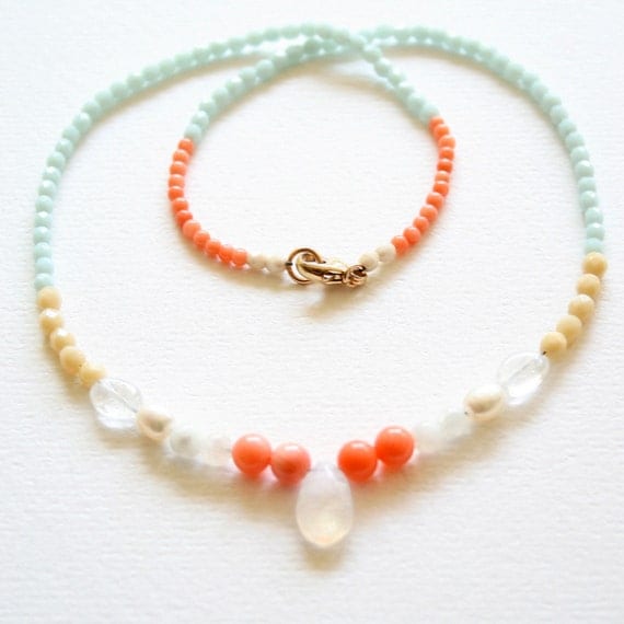 Gemstone Necklace, Coral, Moonstone, Pale aqua and cream beads