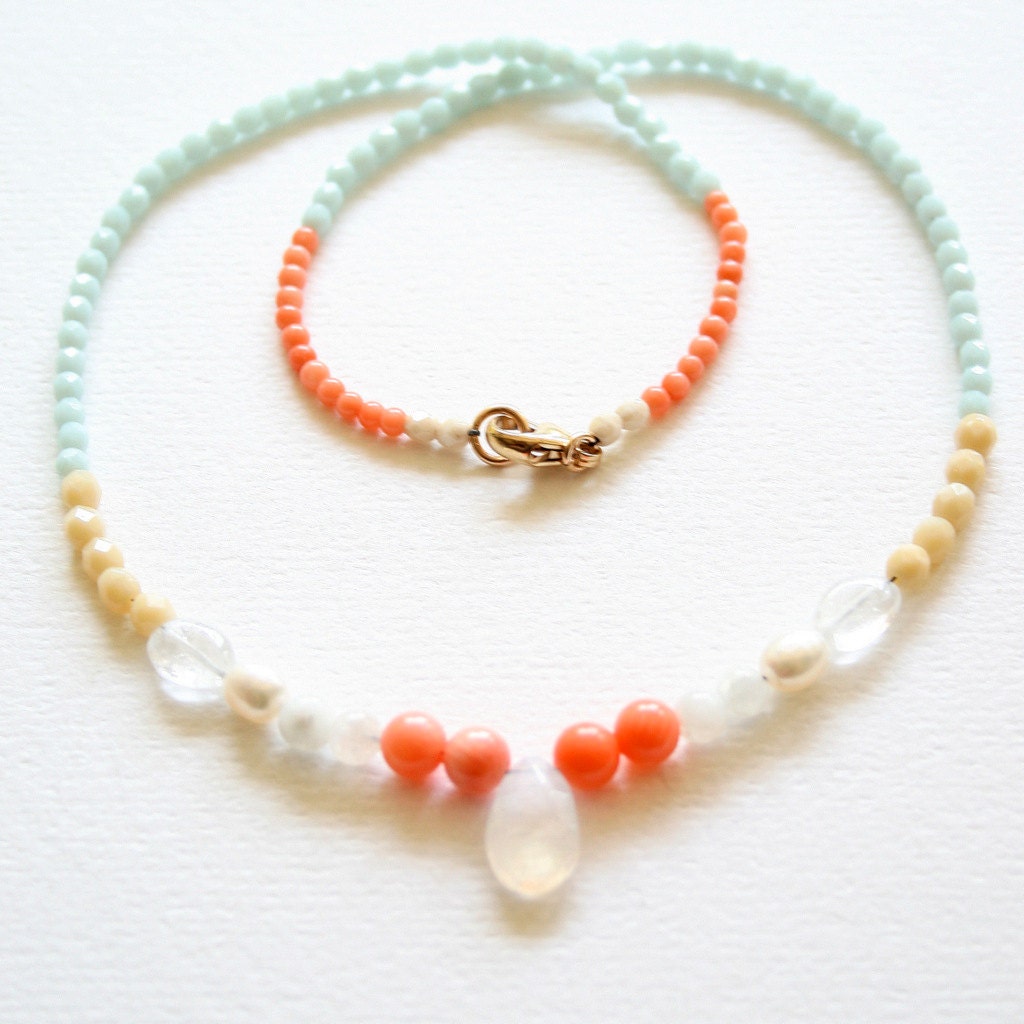 Gemstone Necklace, Coral, Moonstone, Pale aqua and cream beads