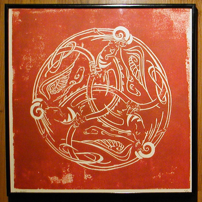 Dragon Ladies in Red Ink on Beige - Framed - Chimerical Wallflowers - Red Dragon Lady - Decorative Arts - Printmaking