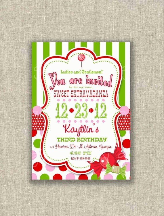 Circus Christmas Birthday Invitation Candy Green White Stripes Polka Dots Printable - by girlsatplay girls at play Il_570xn