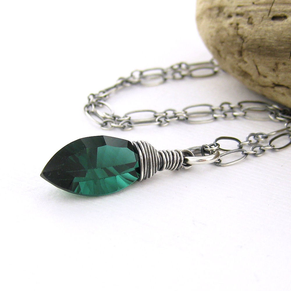 Emerald Necklace Kelly Green Quartz Sterling Silver Jewelry May Birthstone Wire Wrapped - Minimalist