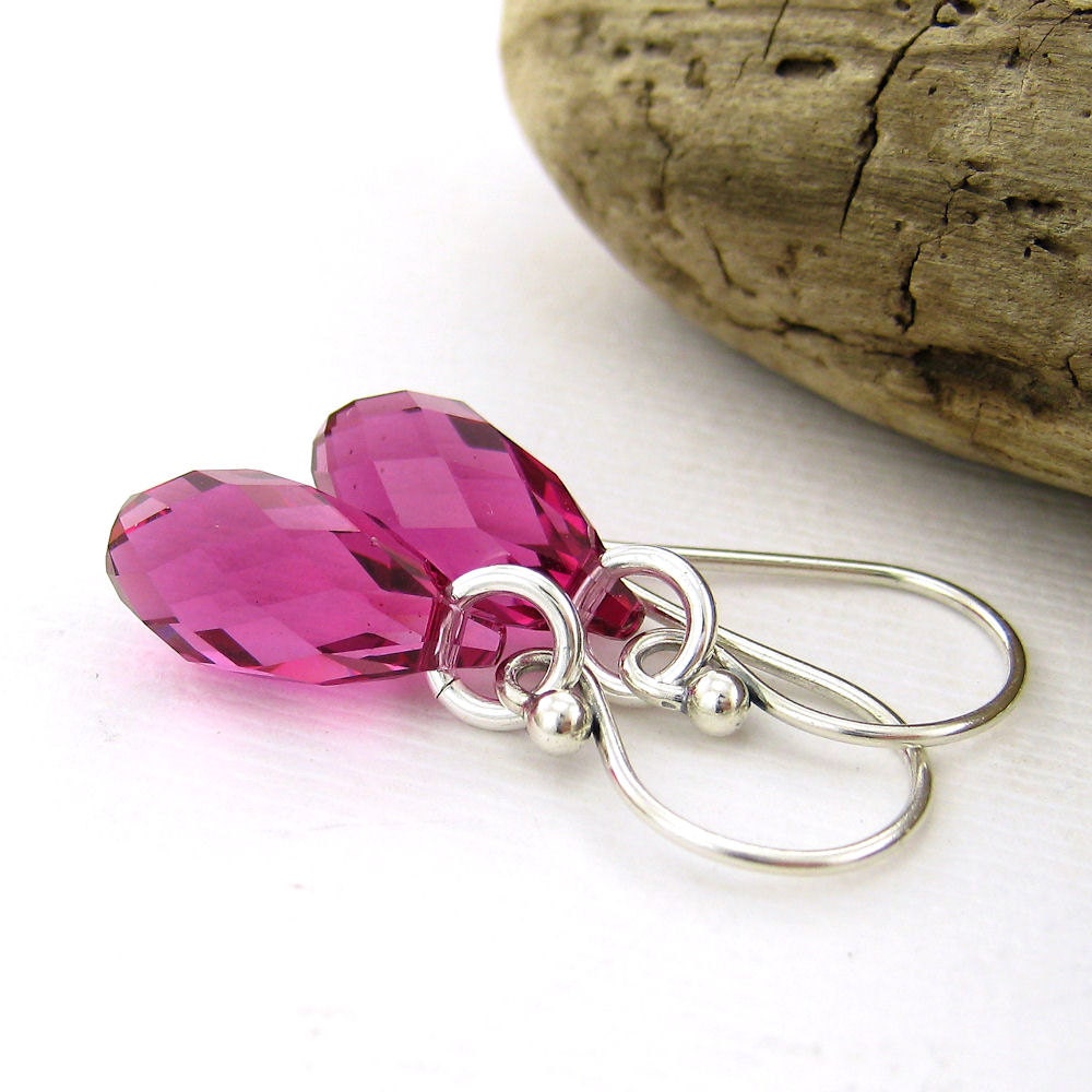 Fuchsia Earrings Hot Pink Raspberry Jewelry Sterling Silver Swarovski Crystal Petite Drops Modern Fashion Jewelry
