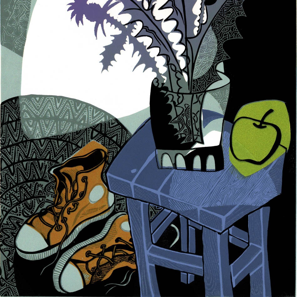 Orange Canvas Shoes at Dusk linocut
