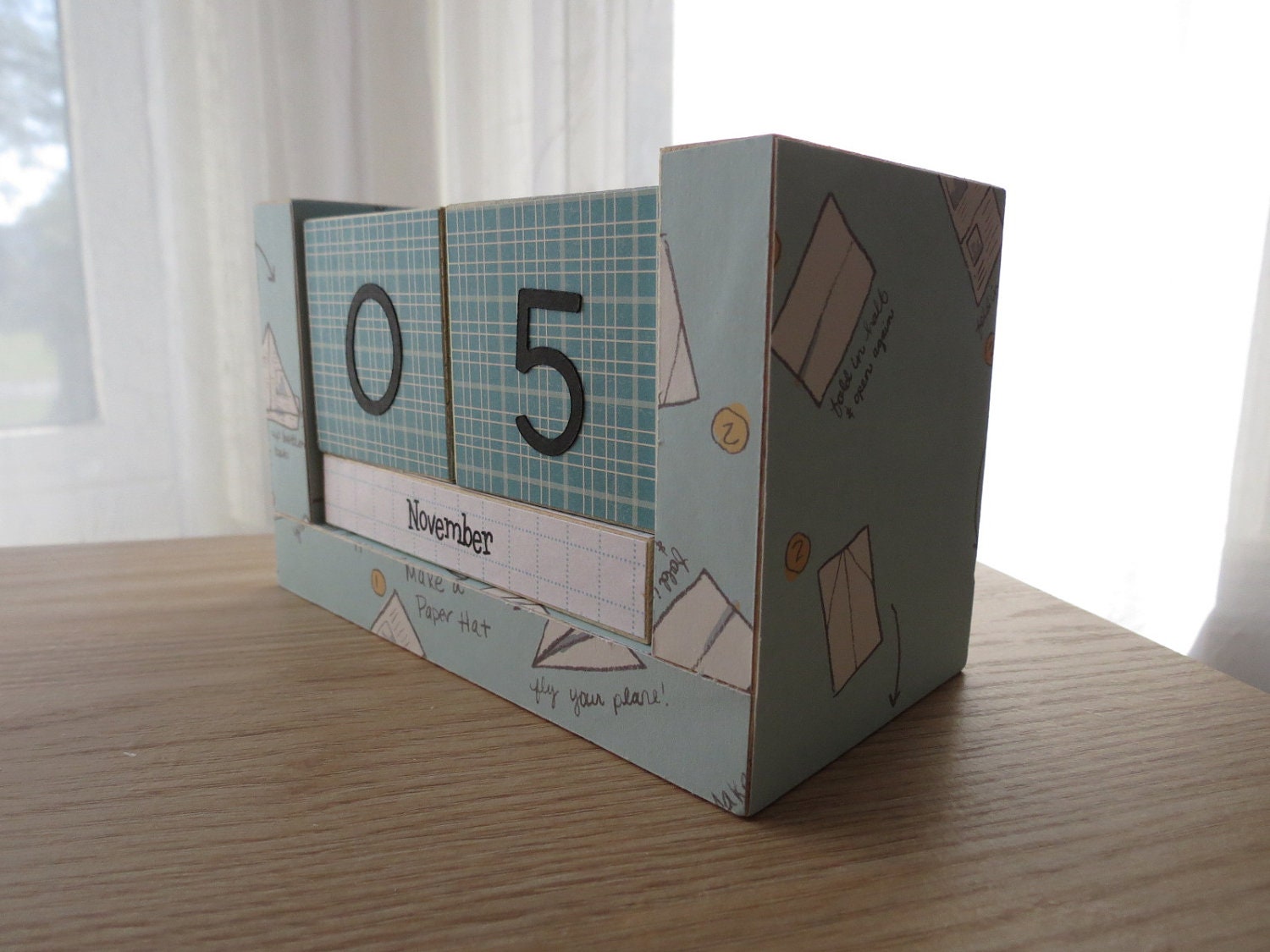 Perpetual Wooden Block Calendar - Paper Hats and Airplanes - Great for Boys