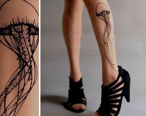 fabulous Jellyfish tattoo thigh-high nylons Deep Mocha