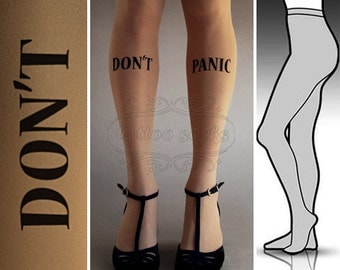 S/M Don't Panic  tattoo tights / stockings / full length / pantyhose / nylons Cafe Latte