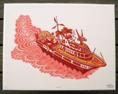 DREAMBOAT Woodcut Print, Woodblock Print, Relief Print, Block Print