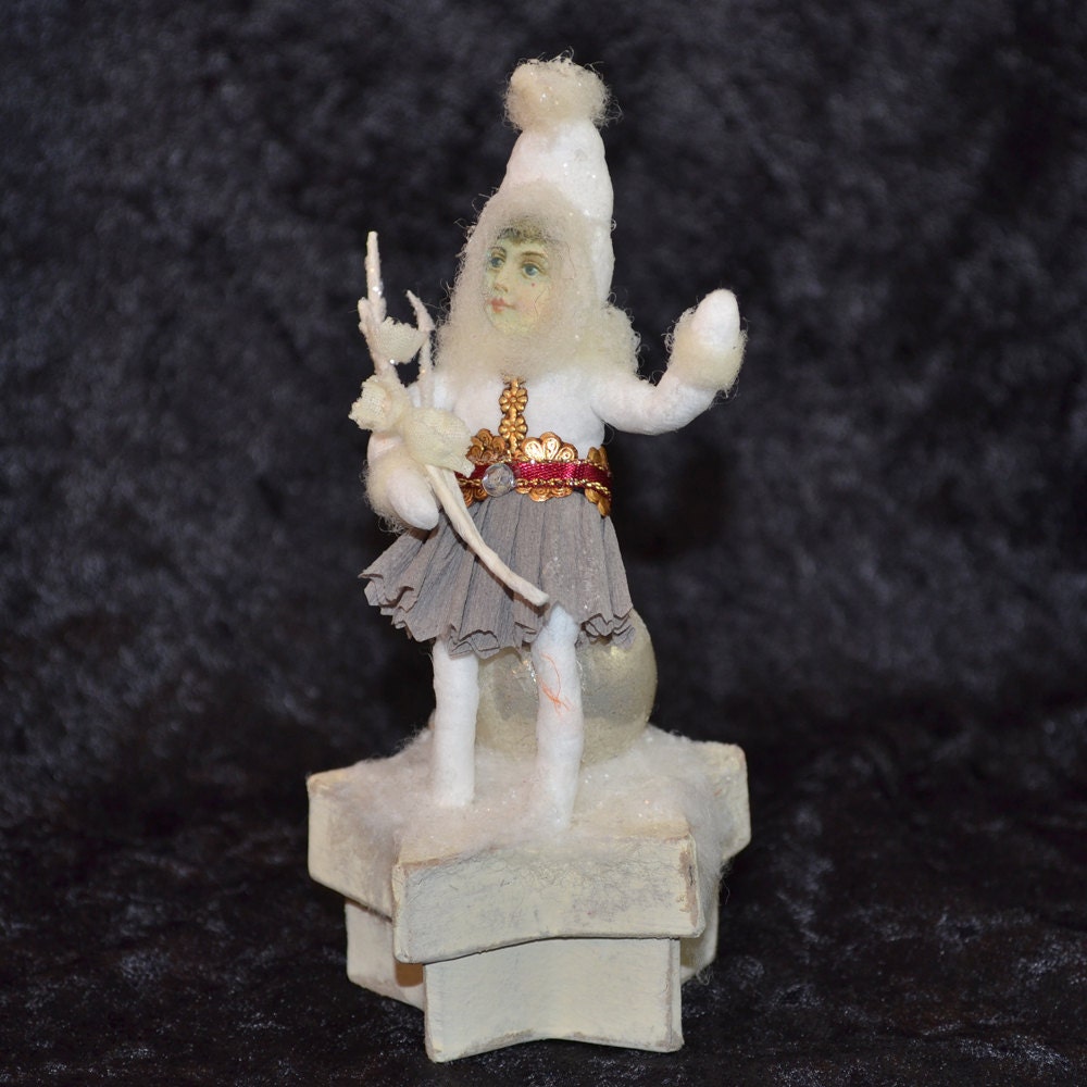 Spun Cotton Snow Girl on Star Box Victorian Inspired OOAK Christmas Folk Art Ornament Vintage Craft