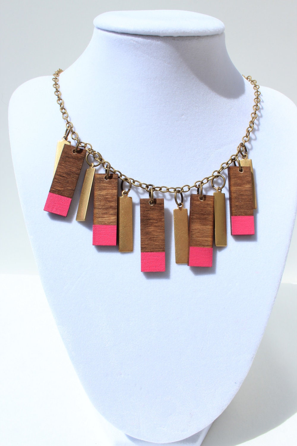 Neon Magenta Fringe Necklace with Brass Tabs