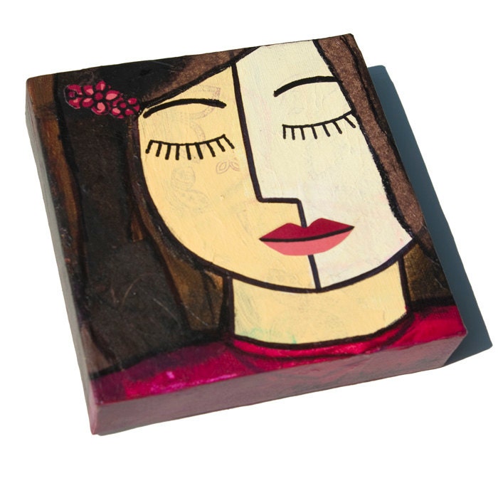 GIRL Art - Girl Portrait - Peaceful GIRL Mixed Media Collage 6 x 6 canvas - teen, tween, girl's room art, girl painting, whimsical art
