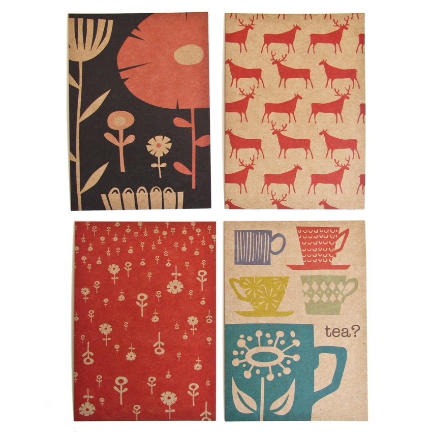 Set of 4 postcards - Wild Flowers, Reindeer Herds, Flower Shower, Tea