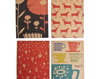 Set of 4 postcards - Wild Flowers, Reindeer Herds, Flower Shower, Tea