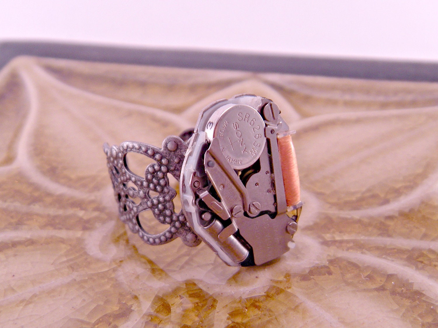 Steampunk Industrial Watch Part Ring on Adjustable Filigree Ring Form