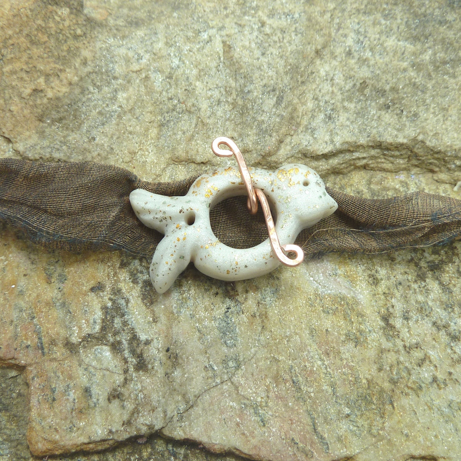 Handmade Bird  Toggle Clasp - Pearl White  with Copper