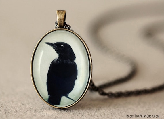 Crow Pendant - Gothic Jewelry - Wearable Art - Photo Pendant - Glass Pendant - Antiqued Brass Necklace - Raven Jewelry - Gothic Necklace
