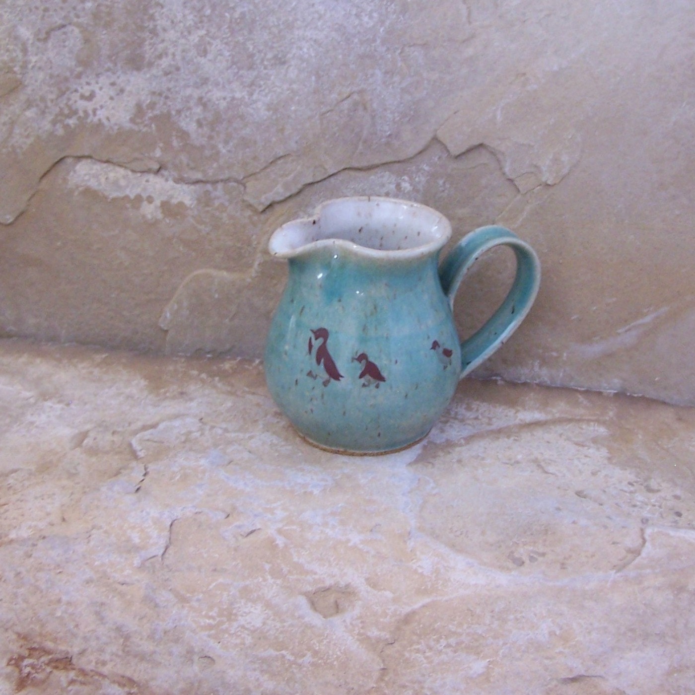 Blue Celadon Handmade Stoneware Ceramic Pottery Mini Pitcher - Penguins