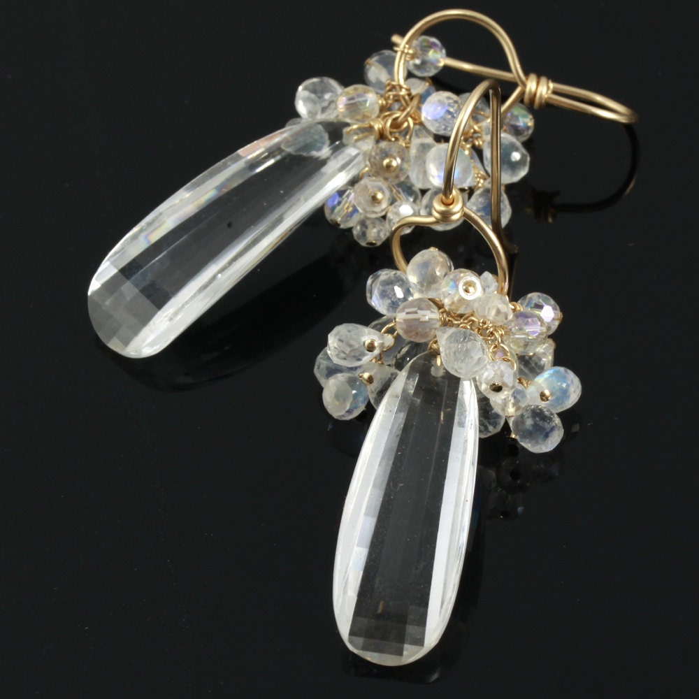 Rock Crystal Rainbow Moonstone Wire Wrapped Chandelier Earrings