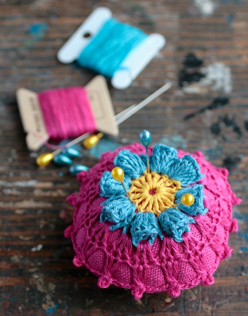 Linen  pincushion - crochet motif
