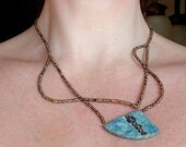 Asymmetrical Art Necklace, reversible pendant, polymer clay, unique, unusual, teal, blue, gold, applique detail, textured