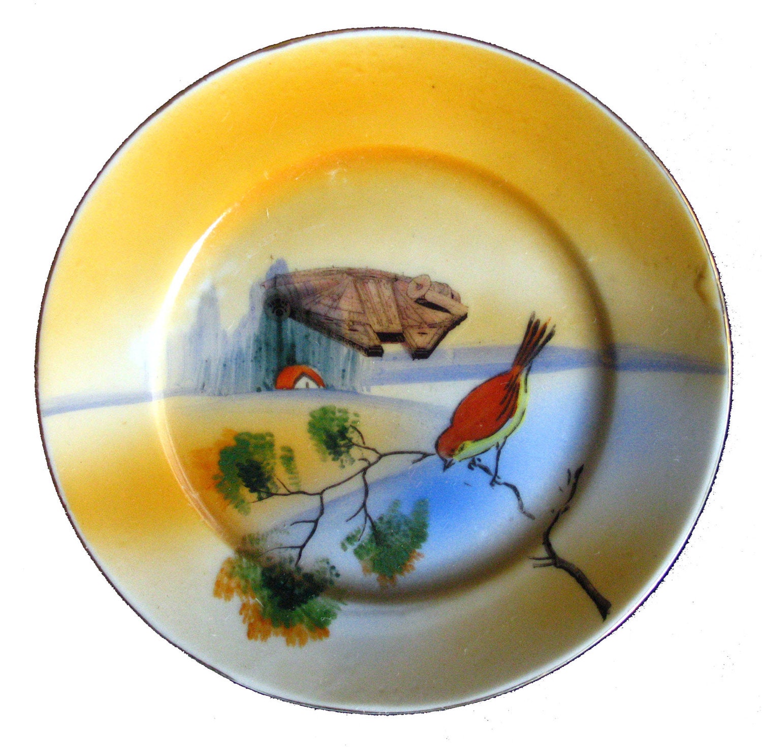 Millennium Falcon Flies in Vintage Artist Plate-Han Solo Chewbacca Star Wars