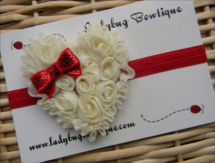 Beautiful Chiffon Rosette Shabby Heart Headband for Infants Toddlers Girls - Custom Size - Ivory and Red