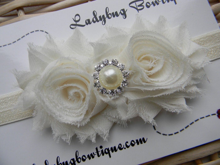 Gorgeous Ivory Shabby Chiffon Flowers with Pearl Rhinestone Center on a Soft and Stretchy Elastic Headband - Custom Size