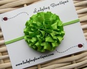 Petite Ruffled Satin Flower on a Skinny Elastic Headband or Hair Clip for Any Age - Custom Size - Apple Green