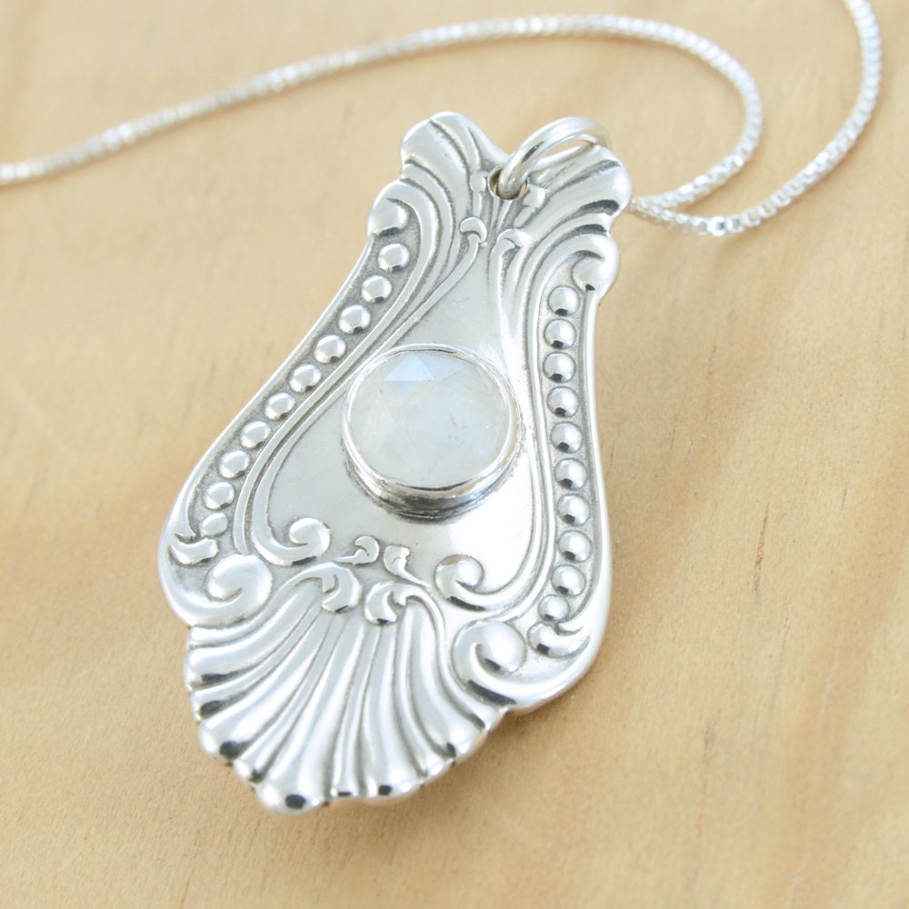 Spoon Pendant with Rose Cut Moonstone - Handmade Upcycled Sterling Silver